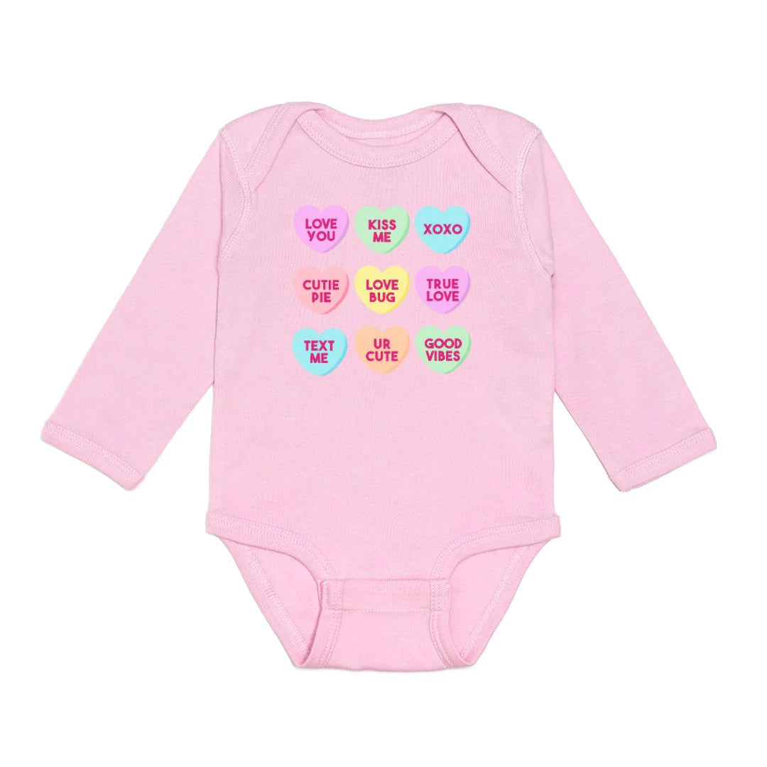 Candy Hearts Valentine Long Sleeve Onesie