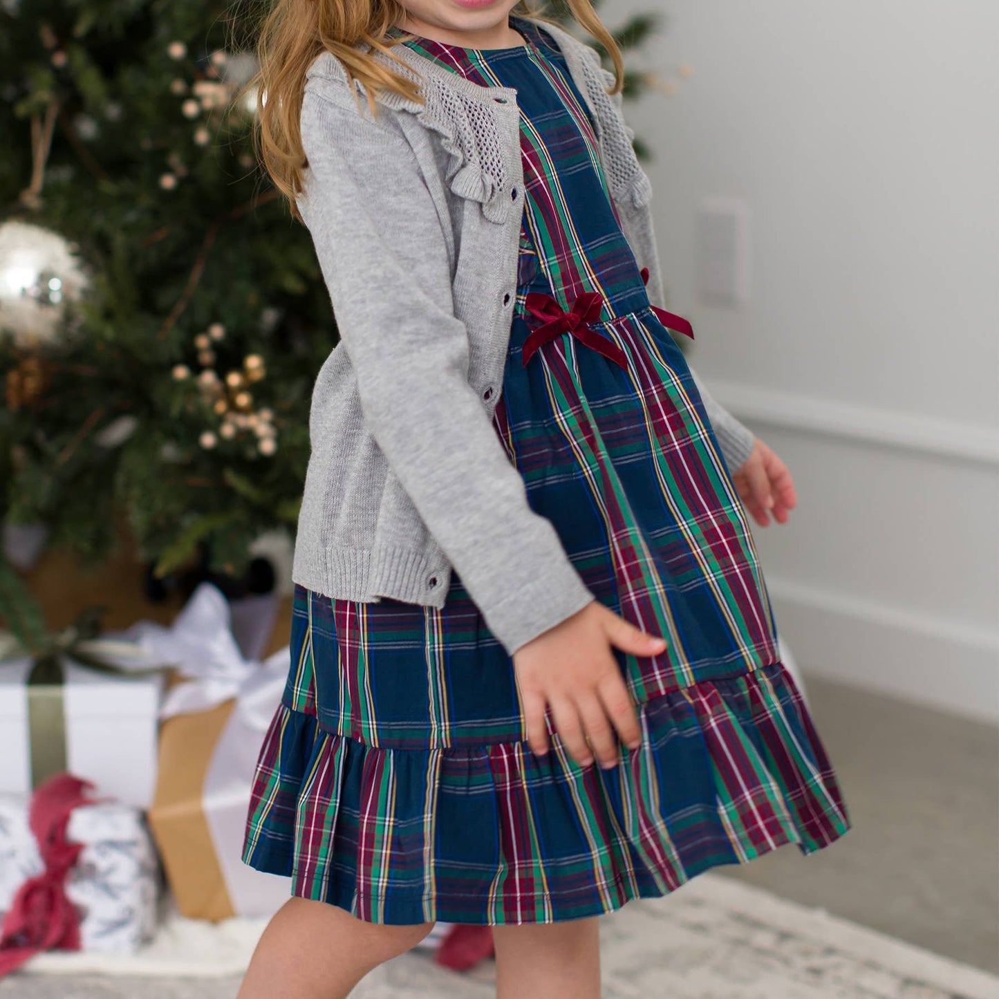 Navy Tartan Plaid Ruffle Dress