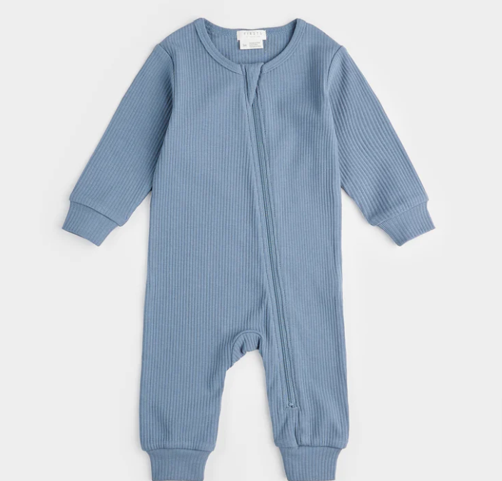 Organic Ribbed Zipper romper in Blue Denim